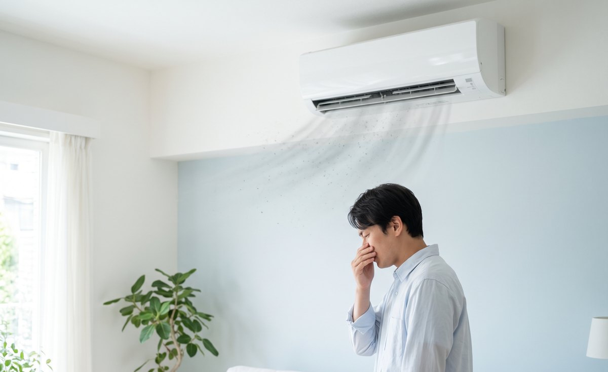 에어컨 바람 냄새에 코를 막는 모습